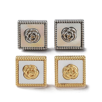 6 Pair 2 Color Square & Flower Natural Shell Stud Earrings, 304 Stainless Steel Earrings, Golden & Stainless Steel Color, 10x10mm, 3 Pair/color