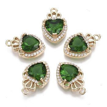 Glass Pendants, with Micro Pave Cubic Zirconia and Brass Open Back Settings, Faceted, Heart with Crown, Light Gold, Green, 17.5x11.5x5.5mm, Hole: 1.4mm