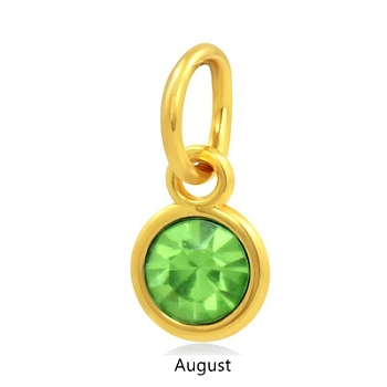 Golden Plated Alloy Glass Rhinestone Charms, DIY Accessories for Pendants Jewelry Making, with Jump Rings, Birthstone Color Style Rhinestone, Flat Round, Peridot, 15x7mm