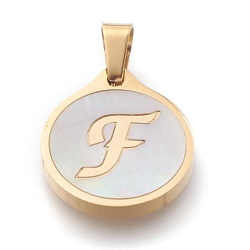 304 Stainless Steel Pendants, with Shell, Flat Round with Alphabet, Golden, Letter.F, 20.5x18x2.5mm, Hole: 7x4mm