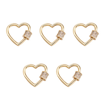 Brass Micro Pave Clear Cubic Zirconia Screw Carabiner Lock Charms, for Necklaces Making, Heart, Golden, 17.5~18x20x5.5mm, Screw: 5x5.5mm