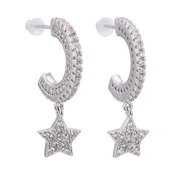 Brass Micro Pave Clear Cubic Zirconia Stud Earrings, Half Hoop Earrings, with Plastic Ear Nut, Long-Lasting Plated, Star, Platinum, 28.5mm, Pin: 0.8mm