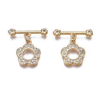 Brass Micro Pave Clear Cubic Zirconia Toggle Clasps, Nickel Free, Flower, Real 18K Gold Plated, Flower: 14x12x2mm, Bar: 20x5x2.5mm, Jump Ring: 5x1mm, 3mm inner diameter