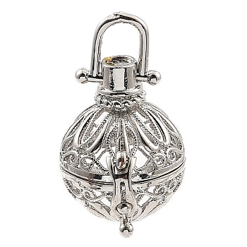 Rack Plating Brass Bead Cage Pendants, For Chime Ball Pendant Necklaces Making, Long-Lasting Plated, Round, Platinum, Tray: 16.5mm, 31.5x23x18mm, Hole: 5.6x5.4mm