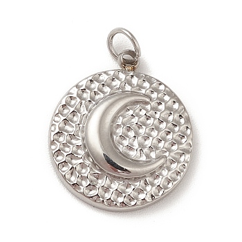 304 Stainless Steel Charms, with Jump Ring, Textured, Flat Round with Moon Pattern, Stainless Steel Color, 14x12x2.5mm, Hole: 2.5mm
