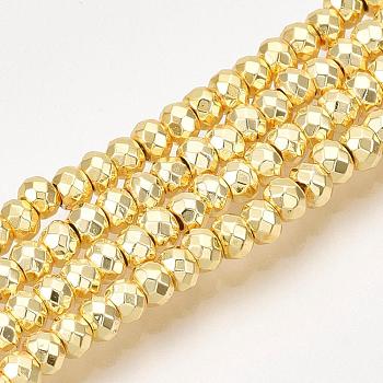 Electroplate Non-magnetic Synthetic Hematite Bead Strands, Rondelle, Faceted, Golden Plated, 3x2mm, Hole: 1mm, about 208pcs/strand, 15.7 inch