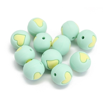 Round with Heart Pattern Food Grade Silicone Beads, Chewing Beads For Teethers, DIY Nursing Necklaces Making, Aquamarine, 15mm
