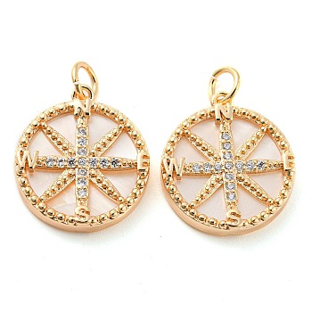 Brass Micro Pave Clear Cubic Zirconia Flat Round Pendants, Natural Freshwater Shell Compass Charms, Real 18K Gold Plated, 18x16x3mm, Hole: 3.5mm