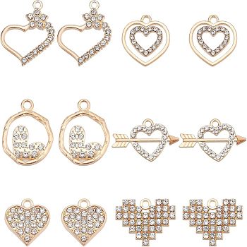 SUPERFINDINGS 48Pcs 6 Style Alloy Pendants, with Crystal Rhinestone, Cadmium Free & Nickel Free & Lead Free, Light Gold, Heart, Crystal, 15.5~26x15~24x2~2.5mm, Hole: 1.6~2mm, 8pcs/style