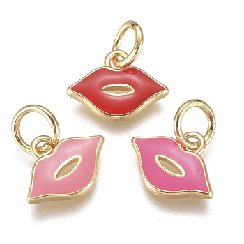 Real 18K Gold Plated Brass Enamel Charms, Makeup Charms, Long-Lasting Plated, Lip, Mixed Color, 8x11x1mm, Hole: 3mm