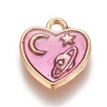Zinc Alloy Charms, with Enamel, Heart with Moon and Star, Light Gold, Violet, 12.5x11.5x2mm, Hole: 1.6mm