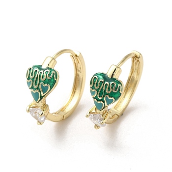 Real 18K Gold Plated Brass Heart Hoop Earrings, with Enamel and Glass, Green, 19x9mm