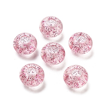 Transparent Acrylic European Beads, Large Hole Beads, with Glitter Powders, Rondelle, Pink, 14x8.5mm, Hole: 5.5mm, about 537pcs/500g