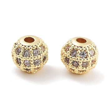 Brass Micro Pave Clear Cubic Zirconia Beads, Round, Real 18K Gold Plated, 6.5x6mm, Hole: 1.6mm