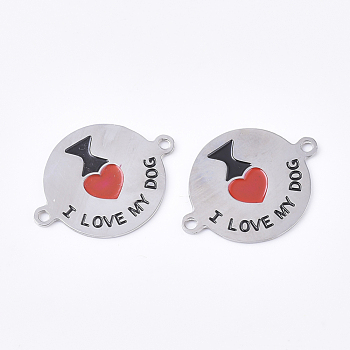 304 Stainless Steel Links connectors, with Enamel, Flat Round with I Love My Dog, Stainless Steel Color, 16x21x1mm, Hole: 1mm