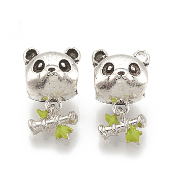 Alloy European Dangle Charms, Large Hole Pendants, with Enamel, Panda with Bamboo, Antique Silver, 17.5mm, Hole: 5mm, 7.5x8.5mm