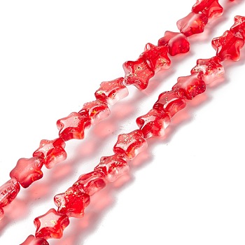 Transparent Glass Beads Strand, with Glitter Powder, Star, Red, 7.5~8x8.3x4mm, Hole: 0.7~1mm, about 50pcs/strand, 14.72~14.92 inch(37.4~37.9cm)
