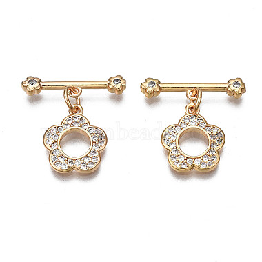 Real 18K Gold Plated Clear Flower Brass+Cubic Zirconia Toggle Clasps
