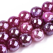 Electroplate Natural Agate Beads Strands, Dyed, Faceted, Pearl Luster Plated, Round, Old Rose, 10.5mm, Hole: 1.2mm, about 36~37pcs/strand, 14.37 inch~14.57 inch(36.5cm~37cm)(G-T131-55-09)