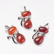 Natural Carnelian/Red Agate Kitten Pendants, with Brass Findings, Cat Silhouette Shape, Dyed & Heated, Platinum, 44x26.5x7.5mm, Hole: 4x6mm(G-G713-B01)