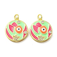 Real 18K Gold Plated Brass Pendants, with Cubic Zirconia and Enamel, Flat Round with Evil Eye Charms, Green, 21x18.5x4mm, Hole: 3.5mm(KK-L209-009G-04)
