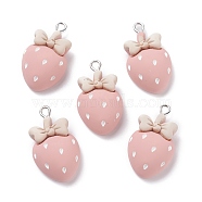 Opaque Resin Pendants, with Platinum Tone Iron Loops, Strawberry with Bowknot, Pink, 28x16.5x7mm, Hole: 2mm(RESI-F030-03)
