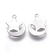 304 Stainless Steel Charms, Moon with Star, Stainless Steel Color, 12x9x0.5mm, Hole: 1mm(STAS-E474-10P)