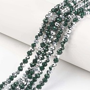 Electroplate Opaque Glass Beads Strands, Half Silver Plated, Faceted, Rondelle, Dark Green, 4x3mm, Hole: 0.4mm, about 130pcs/strand, 16.54 inch(42cm)(EGLA-A034-P4mm-M04)