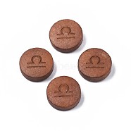 Laser Engraved Wood Beads, Flat Round with 12 Constellations, Dyed, Camel, Libra, 12x4mm, Hole: 1.6mm(WOOD-S053-53H)