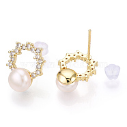 Natural Pearl Ring Stud Earrings, Brass Micro Pave Cubic Zirconia Earring with 925 Sterling Silver Pins, Real 18K Gold Plated, 14.5x11.5mm, Pin: 12x0.8mm(PEAR-N020-06P)