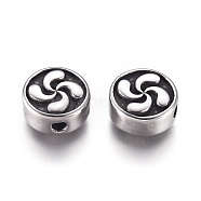 304 Stainless Steel Beads, Flat Round with Windmill, Antique Silver, 9.8x4.8mm, Hole: 1.6mm(STAS-G232-03AS)