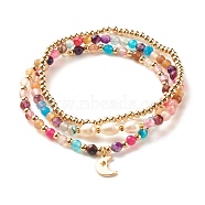 3Pcs Natural Agate & Pearl Beaded Stretch Bracelets Set, Brass Moon Charm Bracelets for Women, Colorful, Inner Diameter:  2-1/8~2-1/4 inch(5.5~5.6cm)(BJEW-JB08089-01)