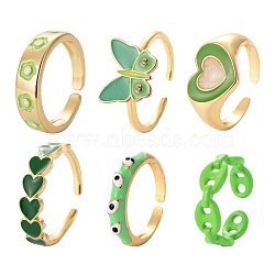 6Pcs 6 Style Spray Painted Brass & Brass Enamel & Micro Pave Cubic Zirconia Cuff Rings, Coffee Bean Chain & Evil Eye & Flower & Butterfly & Heart, Mixed Color, Inner Diameter: 16.5~17.1mm, 1pc/style(RJEW-LS0001-38)