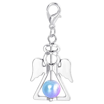 Alloy Angel Pendant Decorations, with CCB Imitation Pearl, Sky Blue, 4.4x1.9cm