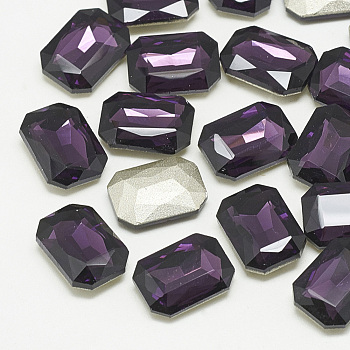 Pointed Back Glass Rhinestone Cabochons, Faceted, Rectangle Octagon, Tanzanite, 10x8x3.5mm