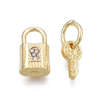 Rack Plating Alloy Charms Set, with Crystal Rhinestone and Jump Ring, Large Hole Pendants, Cadmium Free & Nickel Free & Lead Free, Pad Lock and Key, Light Gold, 14.5x8.5x5mm, 11.5x6x2mm, Hole: 6mm