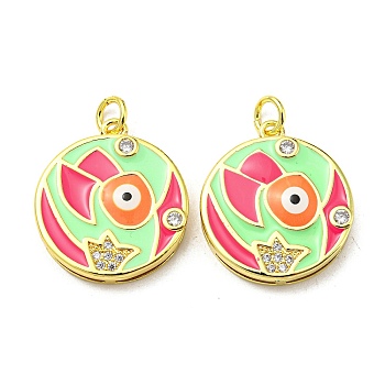 Real 18K Gold Plated Brass Pendants, with Cubic Zirconia and Enamel, Flat Round with Evil Eye Charms, Green, 21x18.5x4mm, Hole: 3.5mm