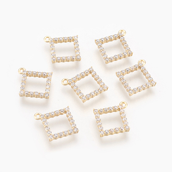 Brass Micro Pave Cubic Zirconia Charms, Rhombus, Clear, Nickel Free, Real 18K Gold Plated, 15x13.5x2mm, Hole: 1mm