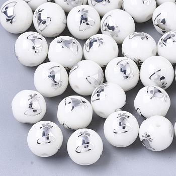 Christmas Opaque Glass Beads, Round with Electroplate Christmas Bell Pattern, Platinum Plated, 10mm, Hole: 1.2mm
