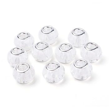 Spray Painted Glass European Beads, with Silver Color Plated Brass Cores, Large Hole Beads, Rondelle, White, 14~15x9.5~11mm, Hole: 5mm
