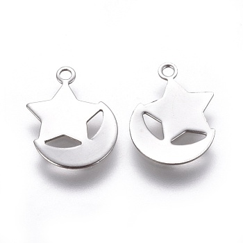 304 Stainless Steel Charms, Moon with Star, Stainless Steel Color, 12x9x0.5mm, Hole: 1mm