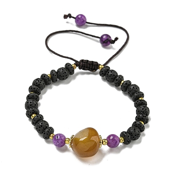 Dyed Natural Lava Rock Rondelle Braided Bead Bracelets, Dyed Natural Agate Link Bracelets for Women Men, Dark Violet, Inner Diameter: 2~3-1/8 inch(5~8cm)