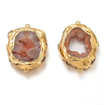 Natural Druzy Agate Links Connectors, with Golden Tone Brass Findings, Dyed, Sandy Brown, 46~49x33~33.5x10~12mm, Hole: 1.8mm