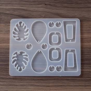 DIY Pendant Food Grade Silicone Molds, Resin Casting Molds, for UV Resin, Epoxy Resin Jewelry Makings, Monstera Leaf/Teardrop/Trapezoid, White, 122x147x7mm, Hole: 2mm, Inner Diameter: 12~48x12~35x6mm