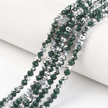 Electroplate Opaque Glass Beads Strands, Half Silver Plated, Faceted, Rondelle, Dark Green, 4x3mm, Hole: 0.4mm, about 130pcs/strand, 16.54 inch(42cm)