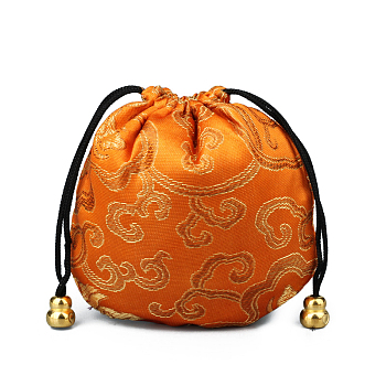 Chinese Style Silk Brocade Jewelry Packing Pouches, Drawstring Gift Bags, Auspicious Cloud Pattern, Dark Orange, 11x11cm