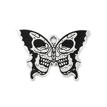 Halloween Alloy Enamel Pendants, Butterfly with Skull Charm, Platinum, Black, 20x27.5x1mm, Hole: 1.8mm
