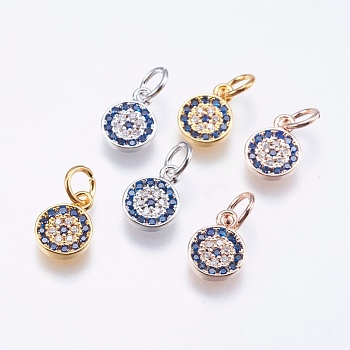 Brass Micro Pave Cubic Zirconia Charms, Cadmium Free & Lead Free, Flat Round, Mixed Color, 9.5x7x1.5mm, Hole: 3mm