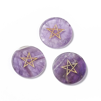 Natural AmethystCabochons, Flat Round with Pentagram Pattern, 25x2.5~3mm