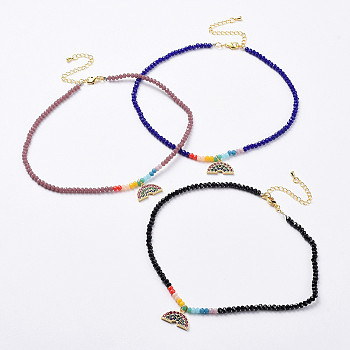 Glass Beads Pendants Necklaces, with Brass Micro Pave Cubic Zirconia Pendants and Brass Lobster Claw Clasps, Rainbow, Mixed Color, 12.9 inch(33cm)